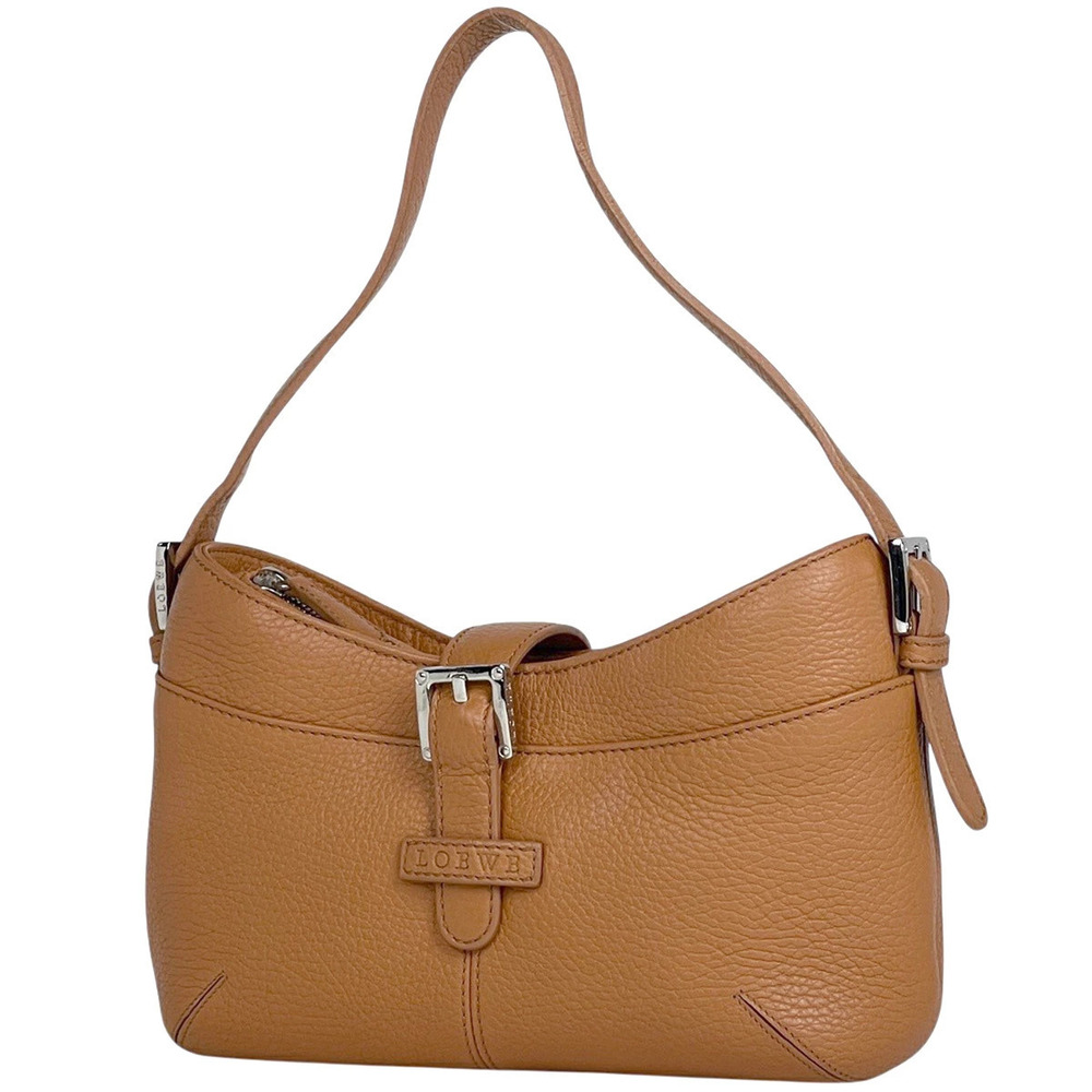 Loewe brown pebbled leather shoulder bag central buckle embossed